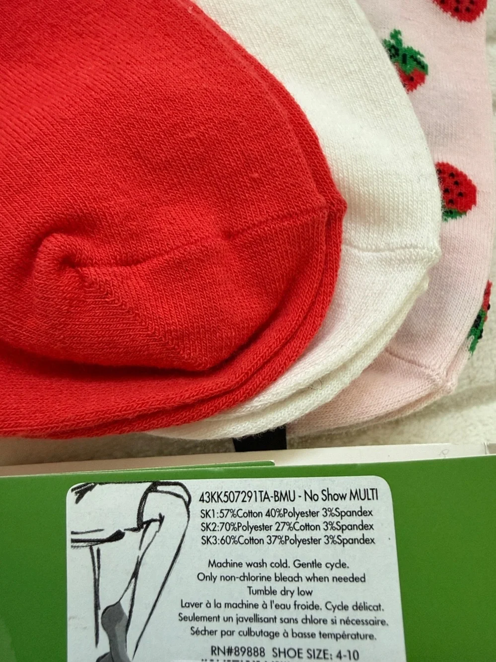 Kate Spade New York 3 Pairs Pink Strawberry, White & Red No-Show Sock Set